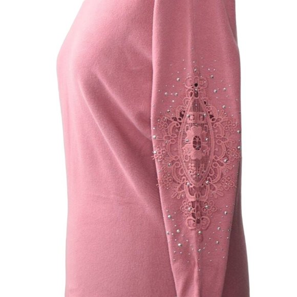 Vila Milano Sweater Crochet Beaded Sleeve Womens M Withered Rose Pink - Picture 6 of 10